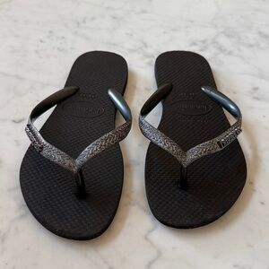 Havaianas Black and Silver Kids Flip Flops Slim Glitter